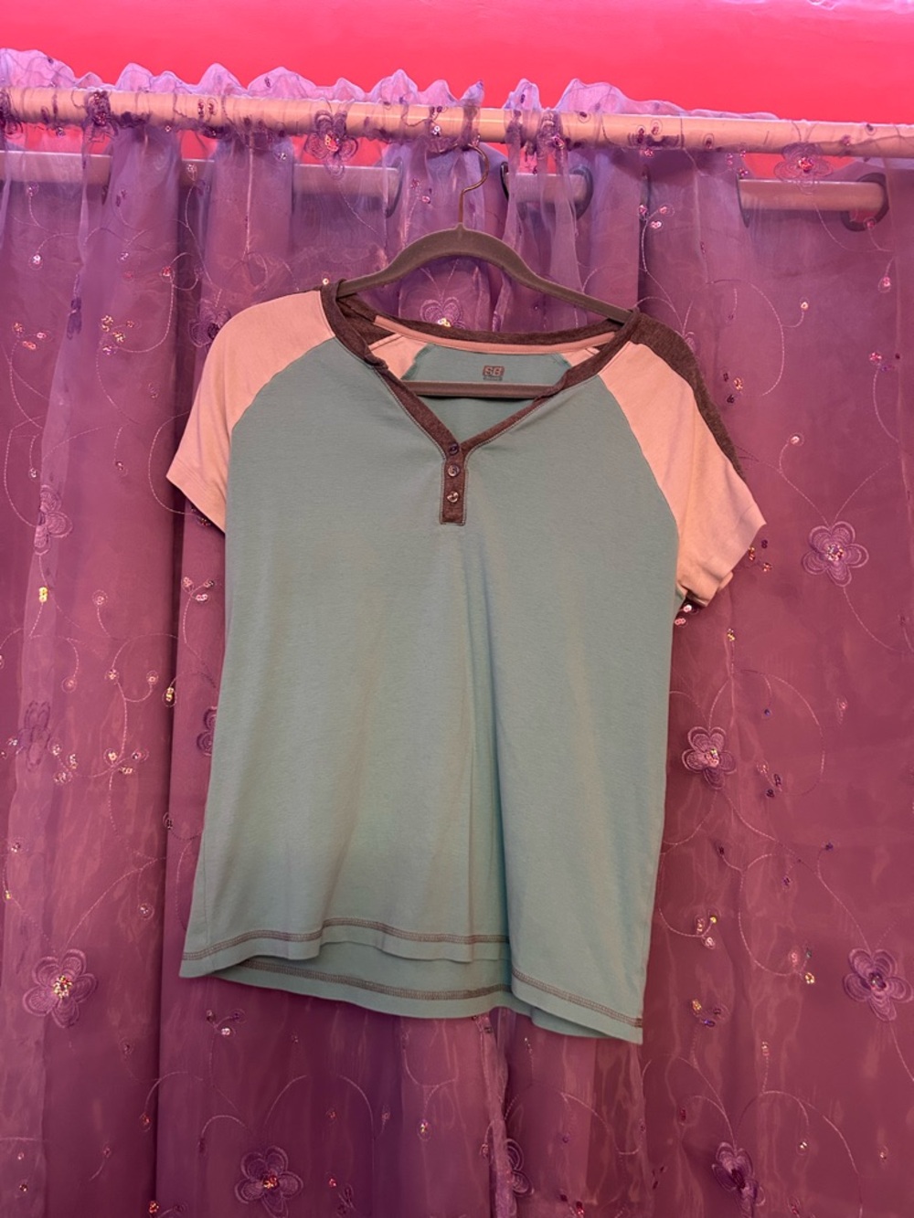 Short-Sleeve Henley Top in Aqua‎ with Pink Raglan Sleeves